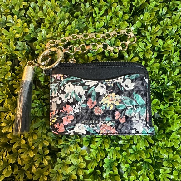 NWOT Nanette Lepore Floral Black Wallet with Gold Colored Trim and Wrist Chain - Picture 2 of 9